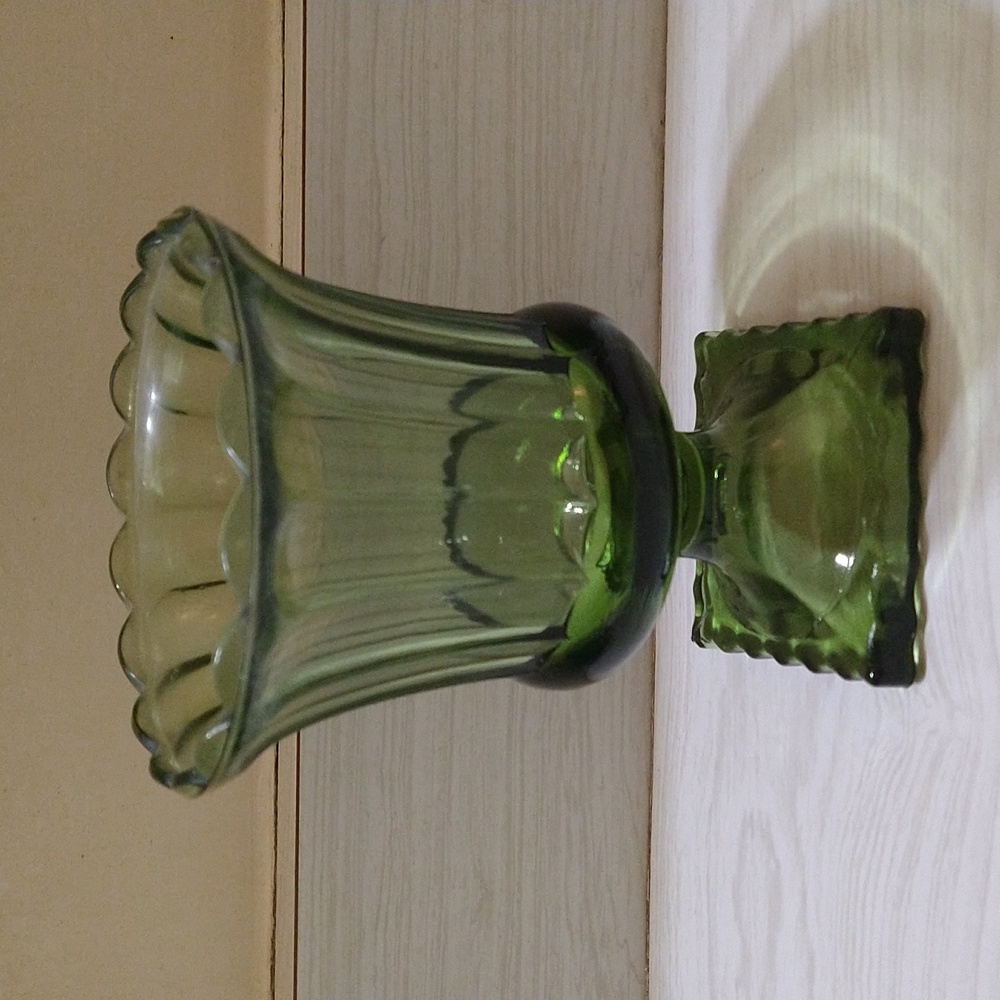 Vintage Hazel Atlas Vase/Compote Pressed Glass Pedestal Green Mid Century Modern